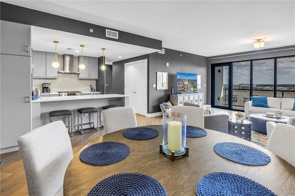 Dining room, Interior, Kitchen, Living room, Pendant Lights, Recessed Lighting, Wood Texture Flooring