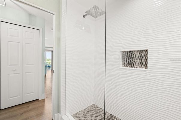 Bathroom, Glass Shower, Interior, Wood Texture Flooring