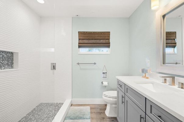 Bathroom, Interior, Recessed Lighting, Wood Texture Flooring