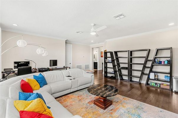 Home Office, Interior, Living room, Pendant Lights, Recessed Lighting, Wood Texture Flooring