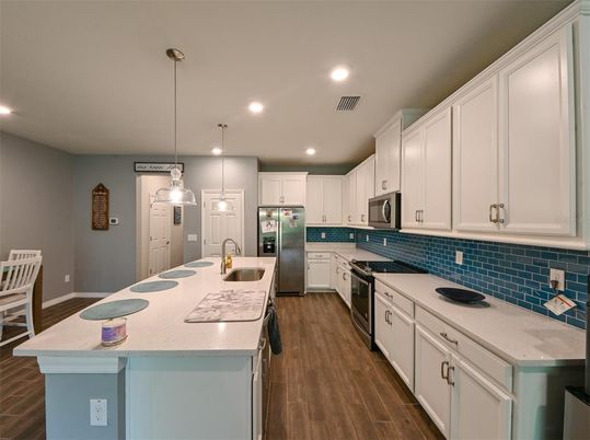 Interior, Kitchen, Pendant Lights, Recessed Lighting, Wood Texture Flooring