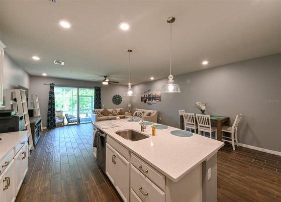 Dining room, Interior, Kitchen, Living room, Pendant Lights, Recessed Lighting, Wood Texture Flooring