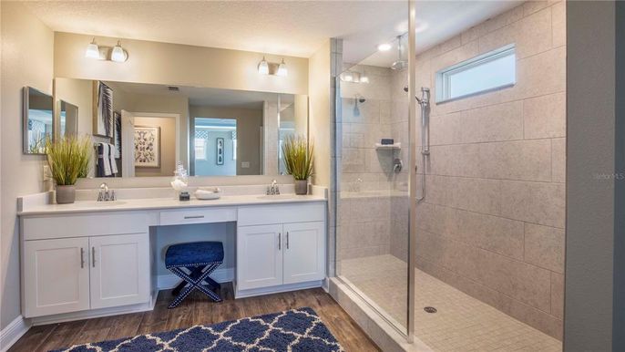 Bathroom, Dual Sink Vanities, Glass Shower, Interior, Wood Texture Flooring