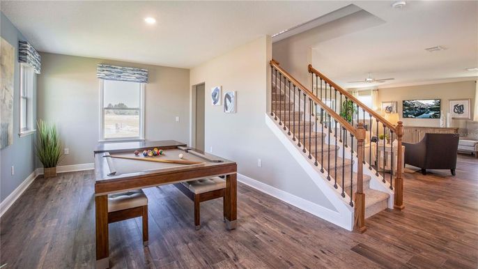 Billiard Table, Game Room, Interior, Recessed Lighting, Wood Texture Flooring