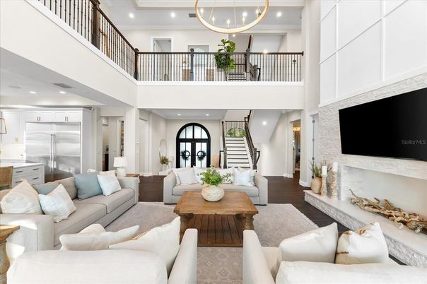 Fireplace, Interior, Kitchen, Living room, Pendant Lights, Recessed Lighting, Stone Walls, Wood Texture Flooring