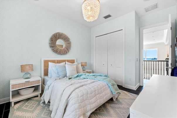 Bedroom, Chandelier, Interior, Wood Texture Flooring