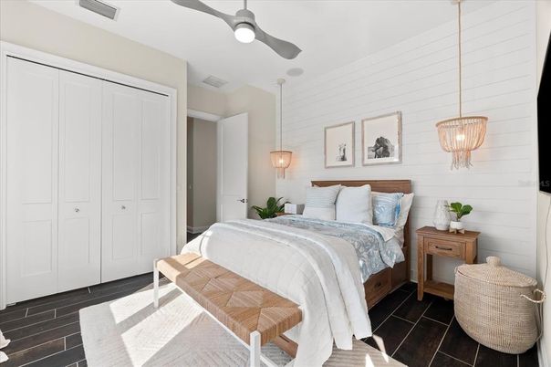 Bedroom, Interior, Pendant Lights, Wood Texture Flooring