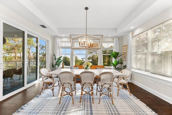 Chandelier, Dining room, Interior, Pendant Lights, Recessed Lighting, Wood Texture Flooring