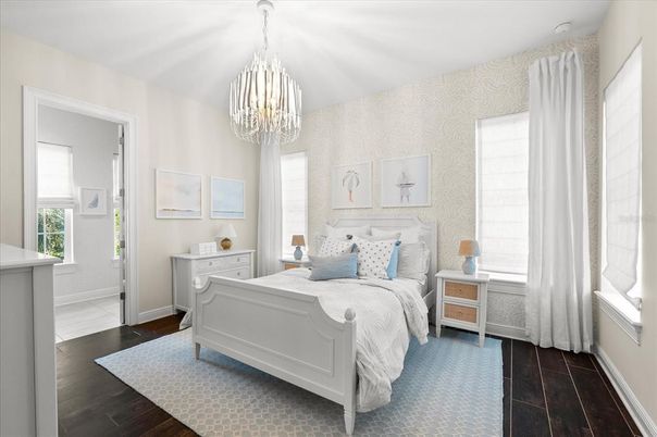 Bedroom, Chandelier, Interior, Wood Texture Flooring