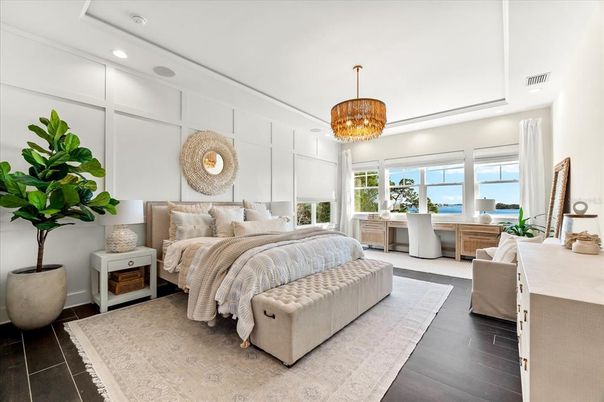Bedroom, Chandelier, Interior, Recessed Lighting, Water, Wood Texture Flooring