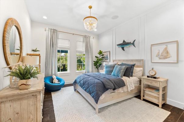 Bedroom, Chandelier, Interior, Recessed Lighting, Wood Texture Flooring