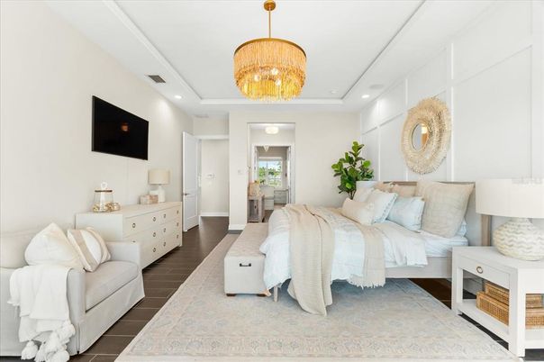 Bedroom, Chandelier, Interior, Recessed Lighting, Wood Texture Flooring