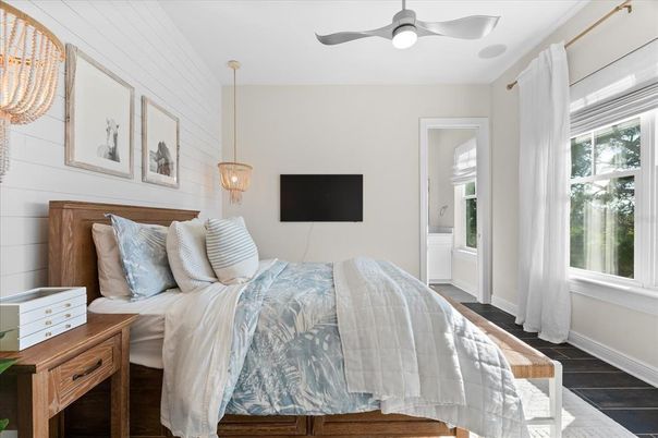 Bedroom, Interior, Pendant Lights, Wood Texture Flooring