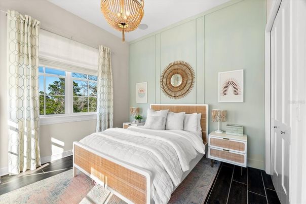 Bedroom, Interior, Pendant Lights, Wood Texture Flooring