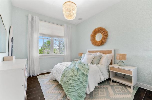 Bedroom, Chandelier, Interior, Wood Texture Flooring