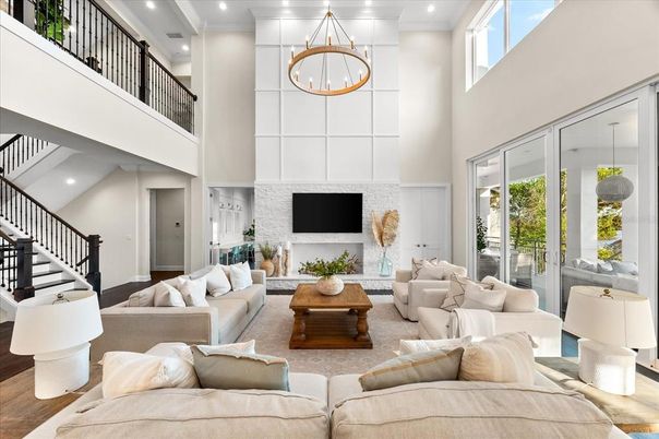 Interior, Living room, Pendant Lights, Recessed Lighting, Stone Walls, Wood Texture Flooring