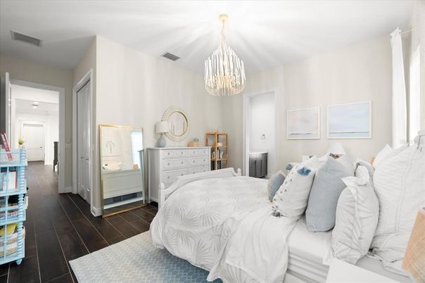 Bedroom, Chandelier, Interior, Wood Texture Flooring