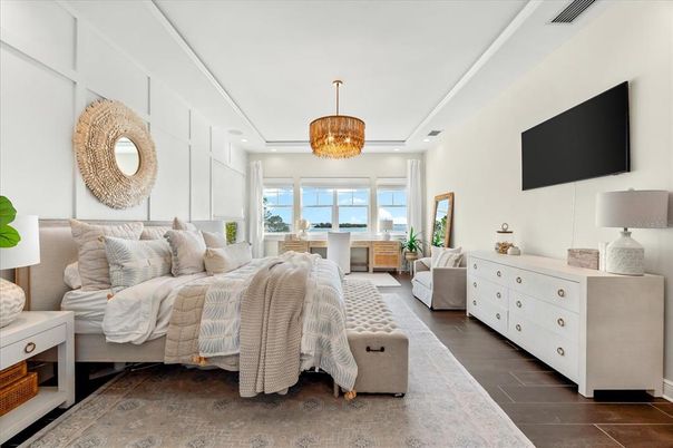 Bedroom, Chandelier, Interior, Pendant Lights, Recessed Lighting, Water, Wood Texture Flooring