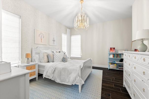 Bedroom, Chandelier, Interior, Wood Texture Flooring