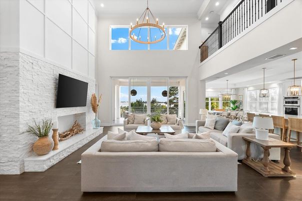 Dining room, Fireplace, Interior, Living room, Pendant Lights, Recessed Lighting, Stone Walls, Wood Texture Flooring