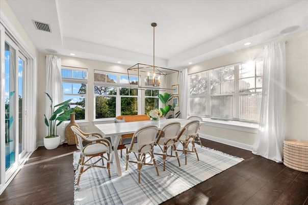 Dining room, Interior, Pendant Lights, Recessed Lighting, Wood Texture Flooring