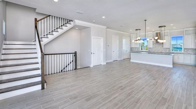 Interior, Kitchen, Pendant Lights, Recessed Lighting, Wood Texture Flooring
