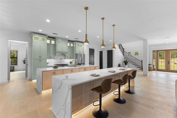 Interior, Kitchen, Pendant Lights, Recessed Lighting, Wood Texture Flooring