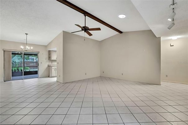 Chandelier, Empty room, Interior, Recessed Lighting, Wooden Beams