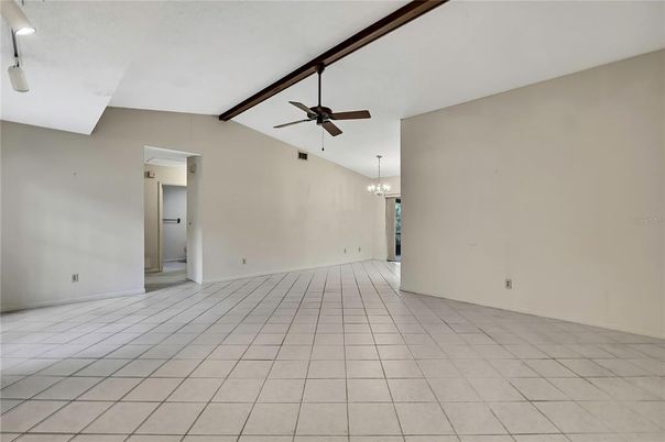 Chandelier, Empty room, Interior, Wooden Beams