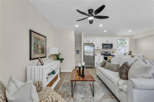 Interior, Kitchen, Living room, Recessed Lighting, Stainless Steel Appliances, Wood Texture Flooring