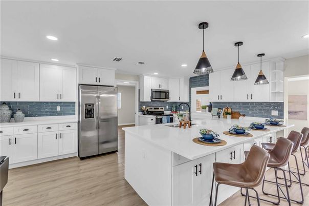 Interior, Kitchen, Pendant Lights, Recessed Lighting, Stainless Steel Appliances, Wood Texture Flooring