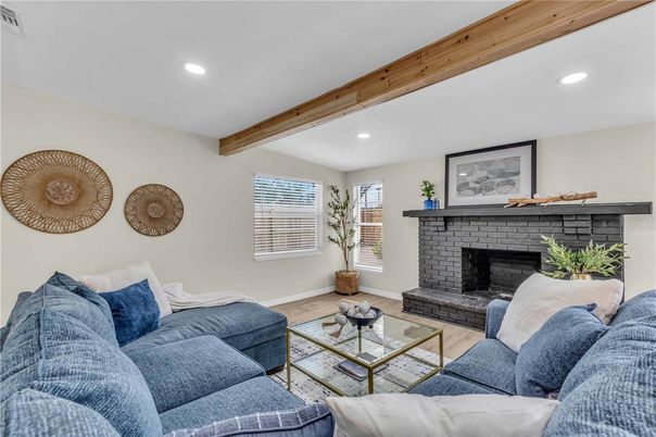 Fireplace, Interior, Living room, Recessed Lighting, Wooden Beams