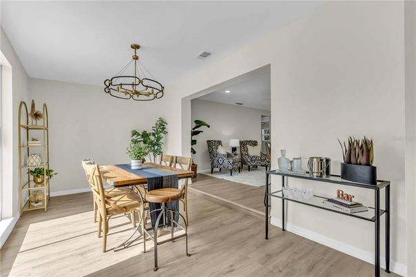 Chandelier, Dining room, Interior, Recessed Lighting, Wood Texture Flooring