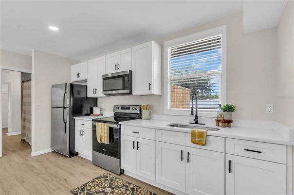 Interior, Kitchen, Recessed Lighting, Wood Texture Flooring