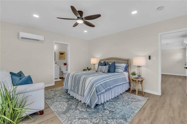 Bedroom, Interior, Recessed Lighting, Wood Texture Flooring