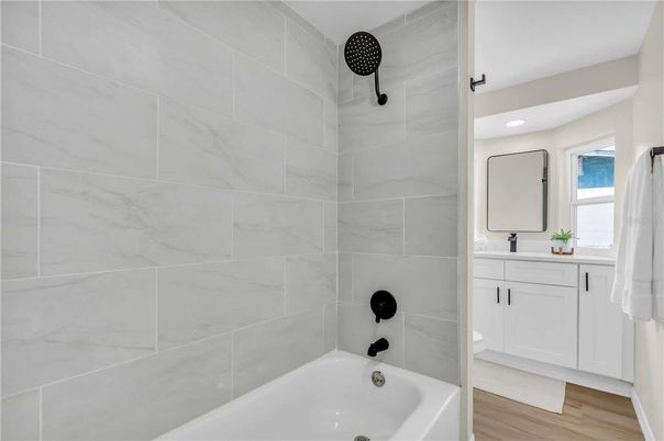 Bathroom, Interior, Marble Walls, Wood Texture Flooring