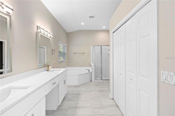 Bathroom, Dual Sink Vanities, Glass Shower, Interior, Marble, Recessed Lighting