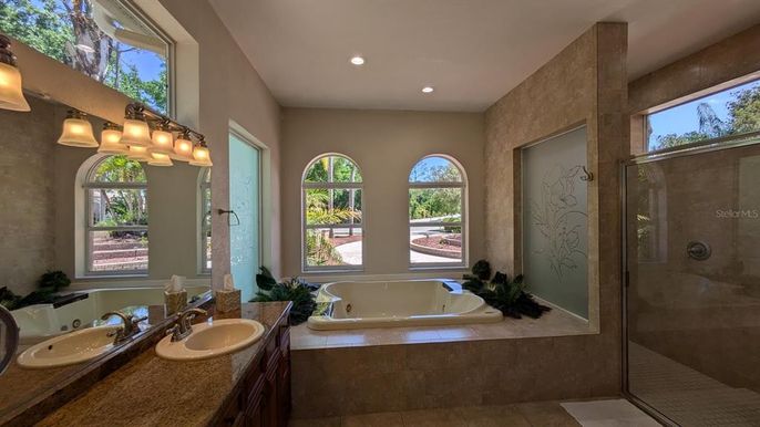 Bathroom, Dual Sink Vanities, Glass Shower, Interior, Recessed Lighting