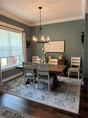 Chandelier, Dining room, Interior, Wood Texture Flooring