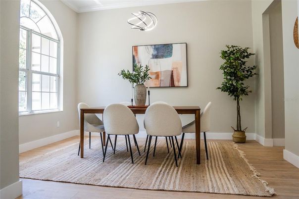Dining room, Interior, Pendant Lights, Wood Texture Flooring