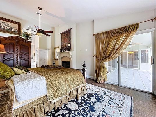 Bedroom, Fireplace, Interior, Wood Texture Flooring