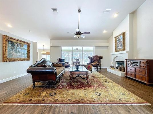 Fireplace, Interior, Living room, Recessed Lighting, Wood Texture Flooring