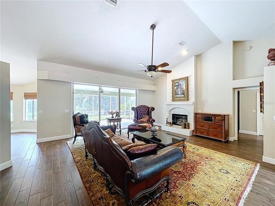 Fireplace, Interior, Living room, Recessed Lighting, Wood Texture Flooring