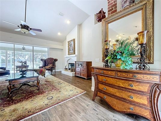 Fireplace, Interior, Living room, Recessed Lighting, Wood Texture Flooring