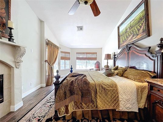 Bedroom, Fireplace, Interior, Wood Texture Flooring