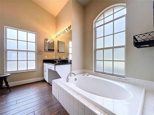 Bathroom, Dual Sink Vanities, Interior, Tile Countertops, Wood Texture Flooring
