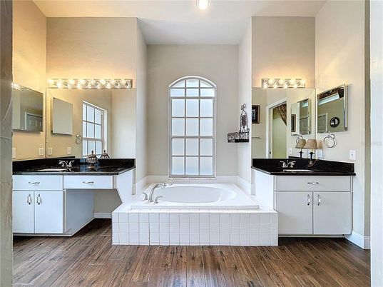 Bathroom, Dual Sink Vanities, Interior, Wood Texture Flooring