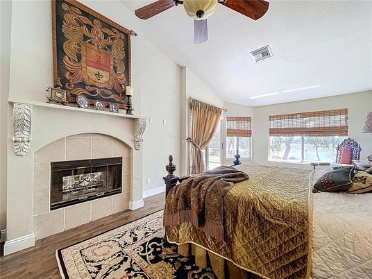 Bedroom, Fireplace, Interior, Wood Texture Flooring