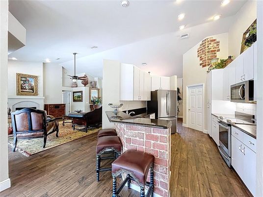 Interior, Kitchen, Living room, Pendant Lights, Recessed Lighting, Stainless Steel Appliances, Wood Texture Flooring