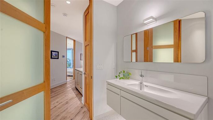Bathroom, Interior, Recessed Lighting, Wood Texture Flooring